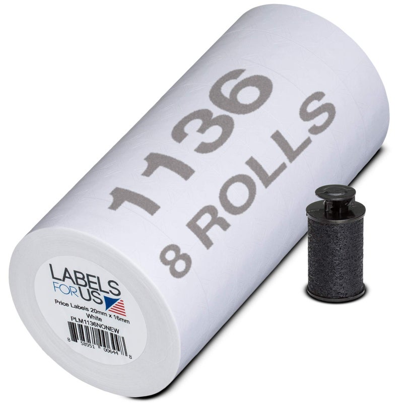 Labels for Us Labels for Monarch 1136 Labeler - White - 14,000 Labels - Pack with 8 Rolls - Ink Roller Included - Manufactured by Labels for Us - Prime - Image 1